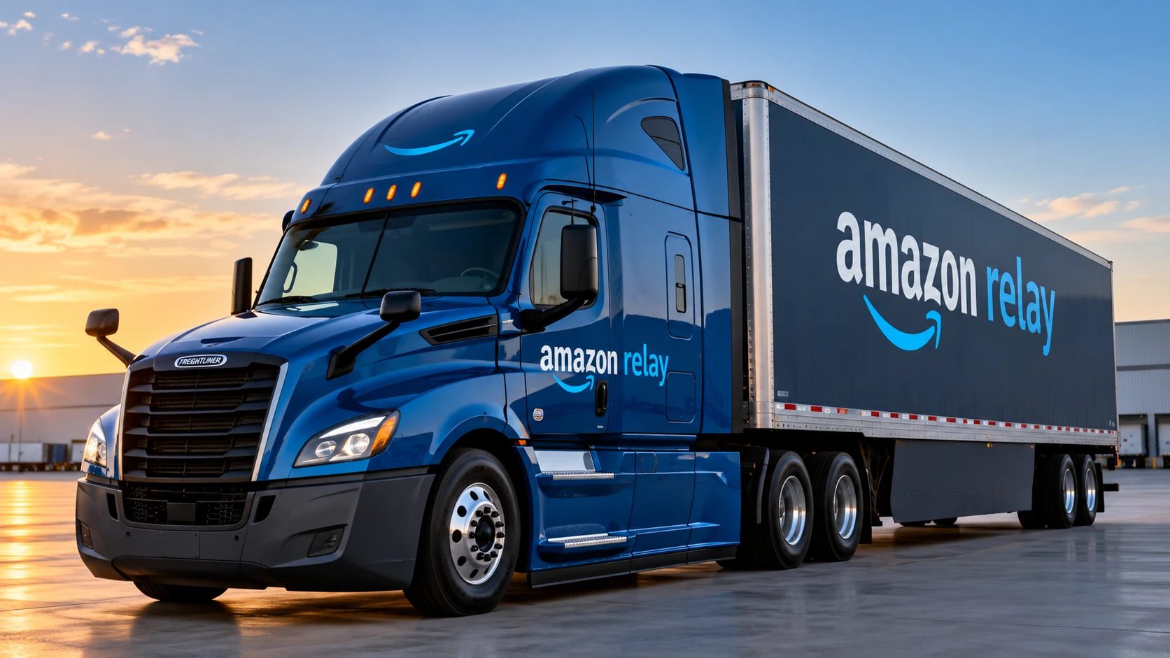Amazon Relay semi truck parked at sunset
